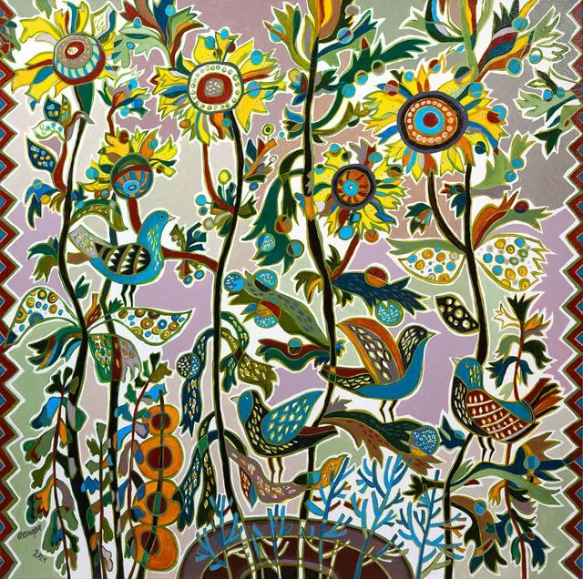 Image of Sunny by Olesia Sikora, size: 90х90 см, made of acrylic on canvas, Painting on glass medium, from Drohobych, part of the Flowers and Birds series, priced at ₴35000 Photo 1 of 2.