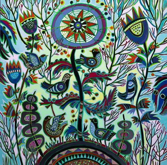 Image of Dawn by Olesia Sikora, size: 70х70 см, made of acrylic on canvas, Painting medium, from Drohobych, part of the Flowers and Birds series, priced at ₴35000