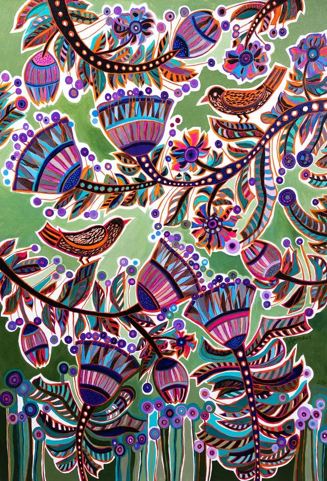 Image of Summer in Boykivshchyna by Olesya Sikora, size: 70х100 см, made of canvas, acrylic, Painting medium, from Drohobych, part of the Квіти і пташки series, priced at ₴27000 Photo 1 of 2.