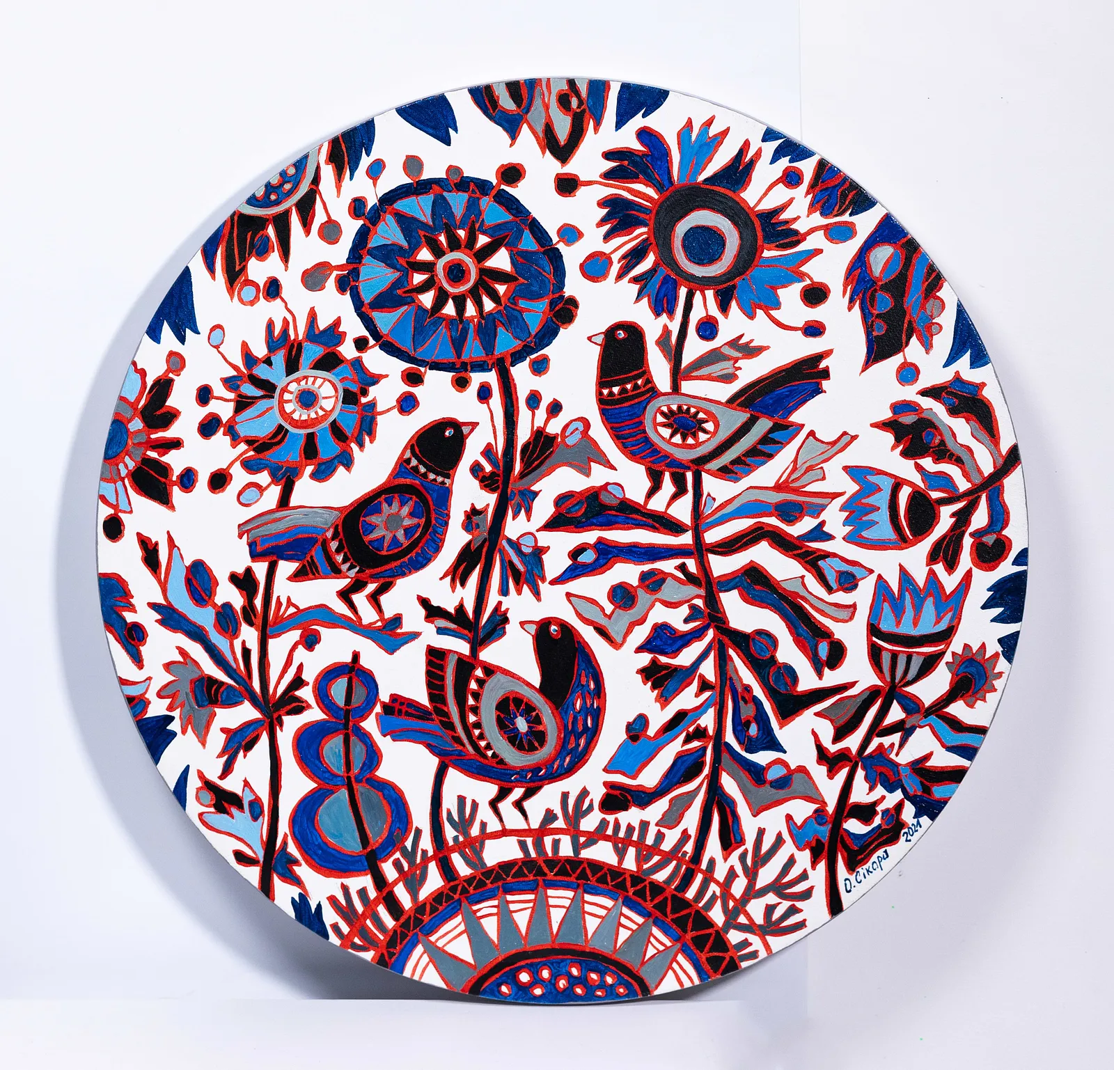 Image of Winter Birds by Olesia Sikora, size: Діаметр 50 см, made of oil on canvas, Painting medium, from Drohobych, part of the Flowers and Birds series