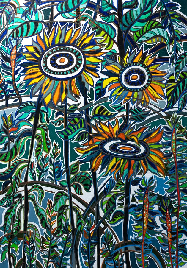 Image of Sunflowers by Olesya Sikora, size: 70х100 см, made of canvas, acrylic, Painting medium, from Drohobych, part of the Квіти і пташки series, priced at ₴25000