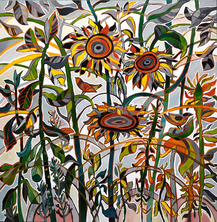 Image of Sunflowers and Birds by Olesya Sikora, size: 80х80 см, made of canvas, oil, Painting medium, from Drohobych, priced at ₴25000