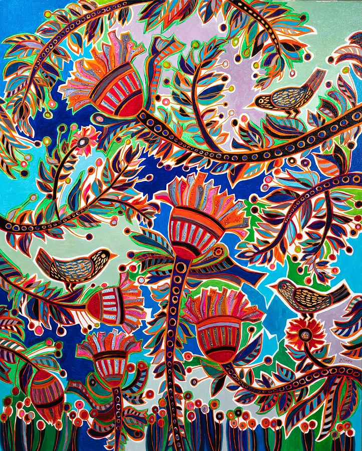 Image of Flowers and Birds by Olesya Sikora, size: 80х100 см, made of canvas, acrylic, Painting medium, from Drohobych, priced at ₴27000